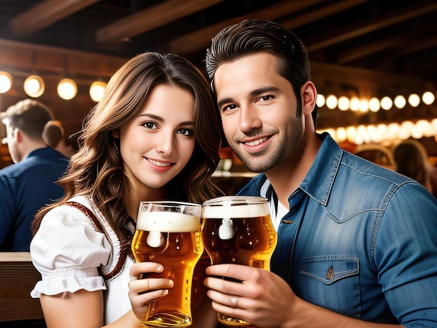 A lovely couple drinking beer in the bar with smiling face