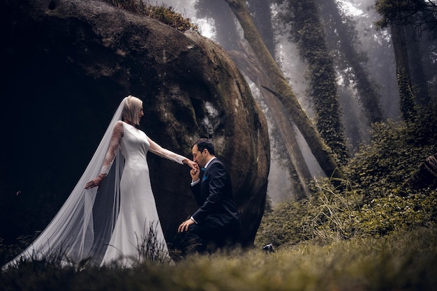 新婚夫婦の素敵なカップル-素晴らしい秋の霧のある美しい謎の森の新郎新婦。