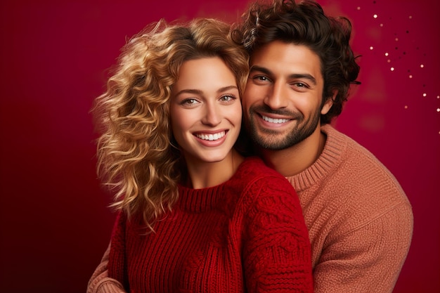 Lovely couple in red sweaters on red background