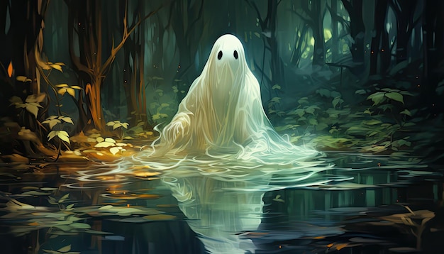 Lovely Cute Glowing Ghost floating in a magical swamp