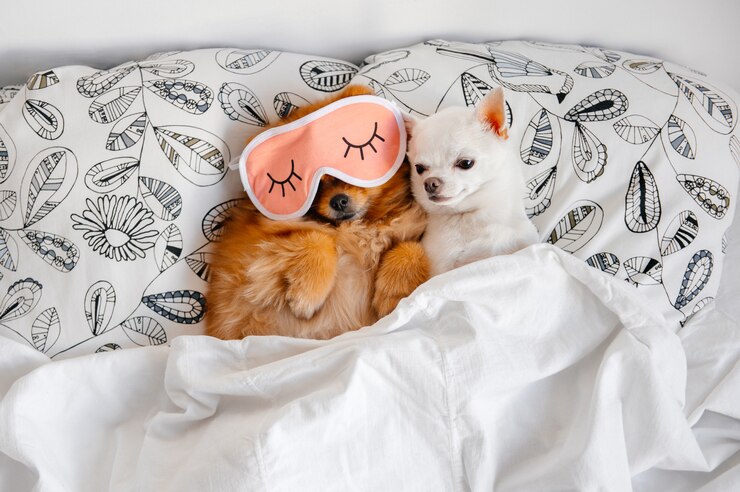 담요 아래 침대에서 편안한 재미 치와와와 그의 얼굴에 수면 마스크 포메라니안 강아지의 사랑스럽고 귀여운 쌍