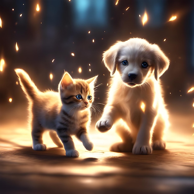 Lovely cute puppy and kitten magical animation