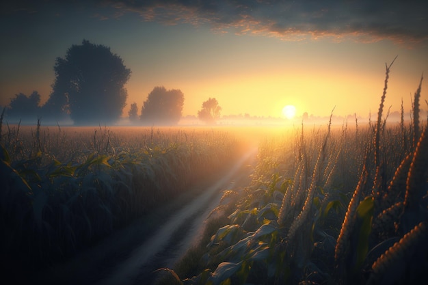 Lovely dawn in the morning over the cornfield