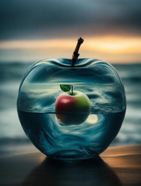 Lovely double exposure image by blending together a stormy sea and a glass apple aigenerated