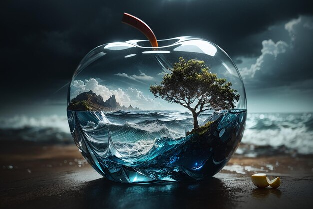 Foto bella immagine a doppia esposizione mescolando insieme un mare tempestoso e una mela di vetro generata dall'ai