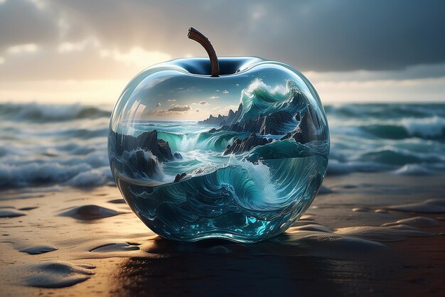폭풍우의 바다와 유리 사과를 혼합하여 만들어진 아름다운 이중 노출 이미지