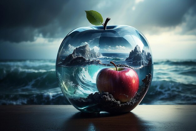Lovely double exposure image by blending together a stormy sea and a glass apple aigenerated