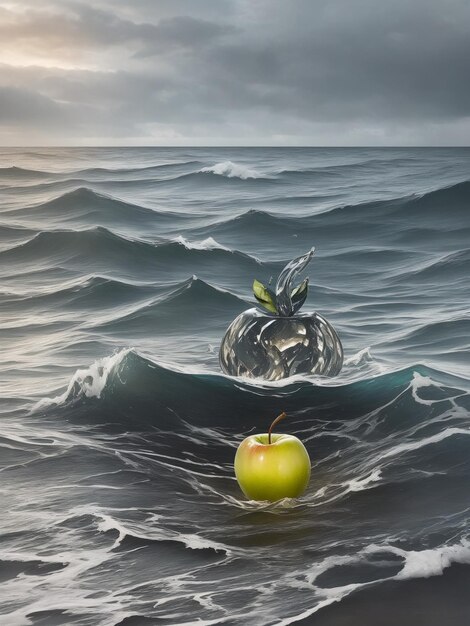 lovely double exposure image by blending together a stormy sea and a glass apple The sea should ser