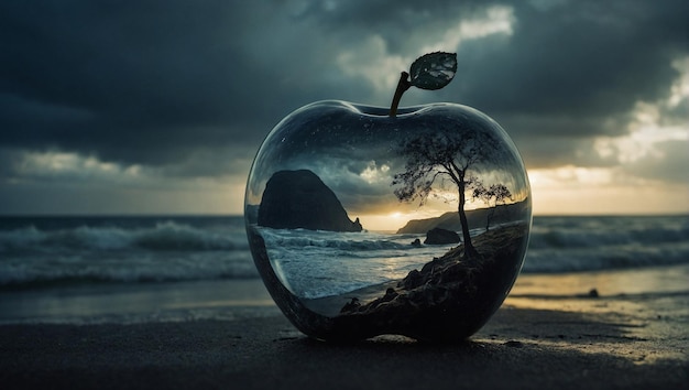 嵐の海とガラスのリンゴを混ぜ合わせて美しい二重曝光画像 海