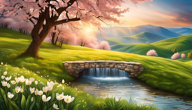 Photo lovely drawn spring landscape