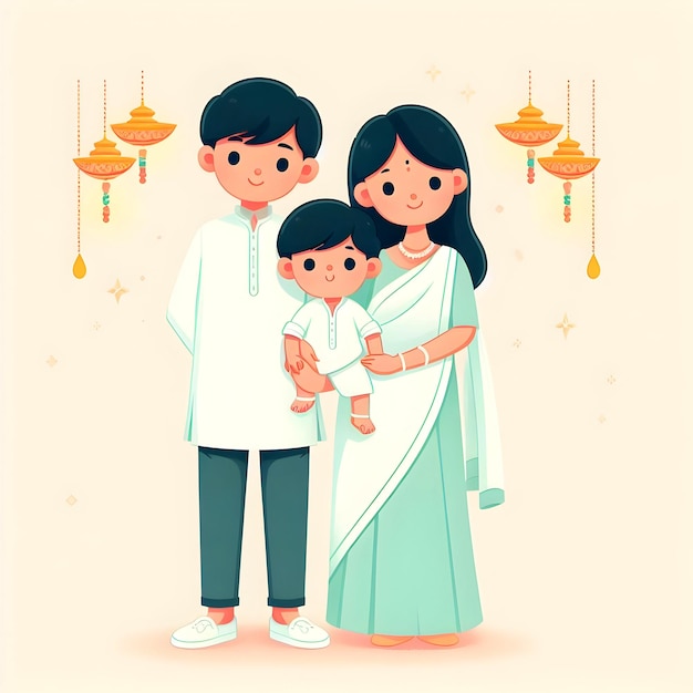 Прекрасная семья празднует Дивали плоский графический дизайн