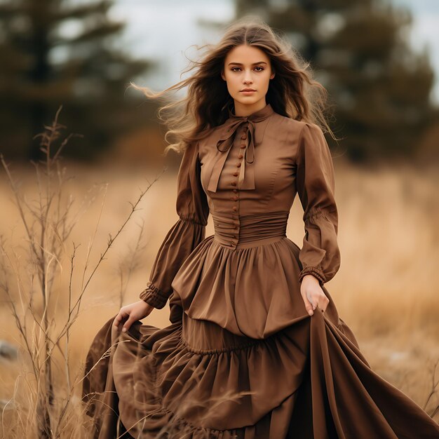 Photo lovely fashionable girl with long hairs in stylish autumn dress posing