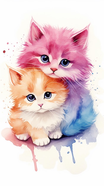 Lovely Feline Duo Watercolor Cats Illustration Generative Art