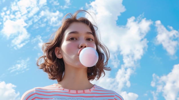 Photo a lovely female model blows a bubblegum in front of a sky backdrop showcasing horizontal stripes