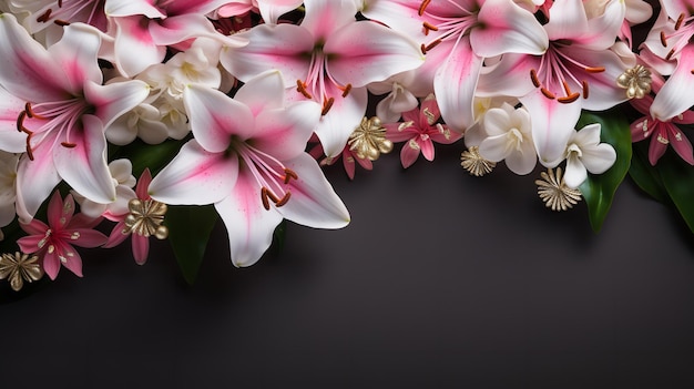 Lovely floral wreath on a black backdrop featuring pink and white lilies space Generative AI