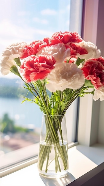 Lovely flowers in glass vase Beautiful bouquet of carnation is an unusual color Flor Generative AI