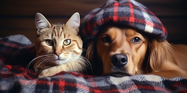 Lovely and friendly dog and cat are warming themselves in a hat and under a warm blanket