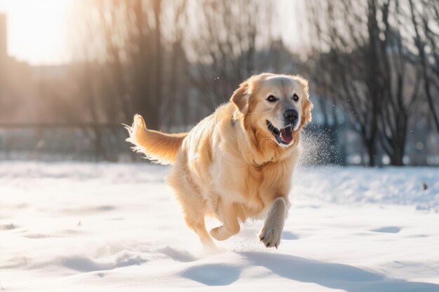 A lovely golden retriever playing in the snow