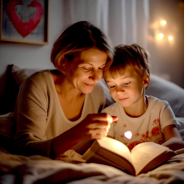 Lovely grandmother and grandson reading a book