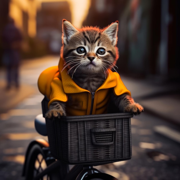 Lovely grey kitten wearing yellow jacket and sitting in a basket on the bicycle Cat riding a bike in the street Blurred backdrop Generative AI