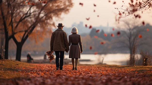 Lovely happy grayhaired Caucasianaged couple enjoying healthpromoting breathing fresh air in autumn season nature backside senior couple walking together in the park morning