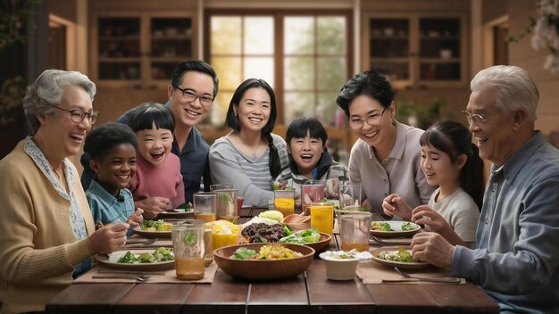Прекрасная счастливая семья из нескольких поколений с здоровым ужином.