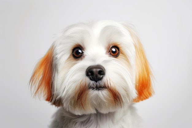 A lovely havanese puppy dog is seated frontally and staring at the camera on a white backdrop