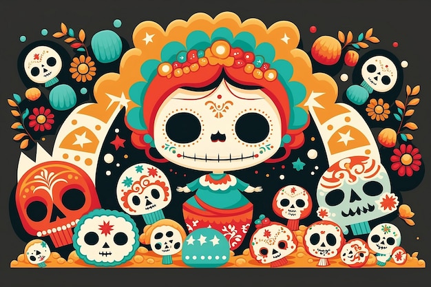 Прекрасная иллюстрация мексиканского фестиваля, известного как День мертвых. Шаблон ярких обоев.