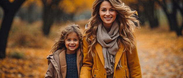 가을에 공원을 산책하는 어머니와 딸의 사랑스러운 이미지