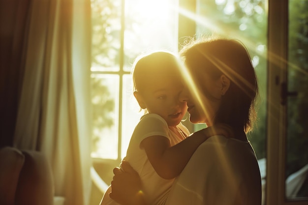 Photo lovely intimate home scene of a mother and her little daughter in arms quiet moment of pure feelings