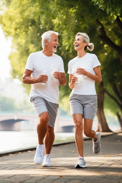 Lovely joyful retirees couple jogging outside in city park along alley with green trees happy husband and wife looking at each other with smile