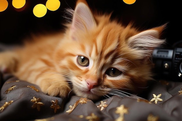 Милый котенок лежит на диване, профессиональная рекламная фотография