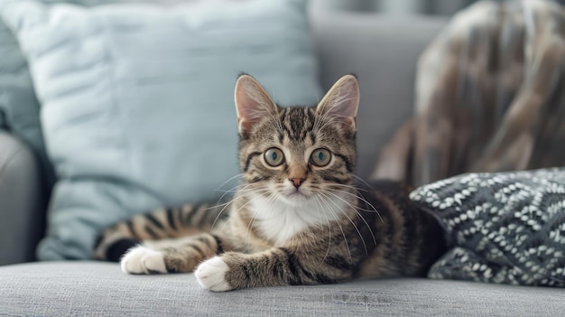 可愛い子猫は快適な灰色のソファに横たわっています