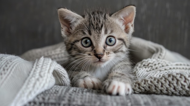 Lovely kitten rests on cozy grey couch