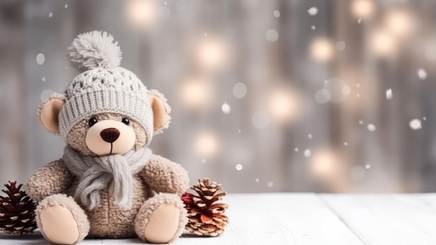 Lovely knitted toy bear cute Christmas background copy free space Sweet seasonal greeting card