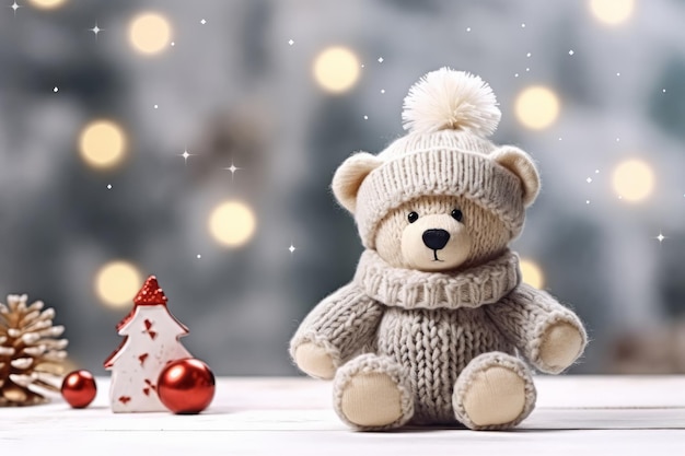 Photo lovely knitted toy bear cute christmas background copy free space sweet seasonal greeting card