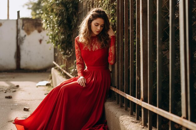 Lovely lady in a marooncolored bridal attire