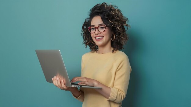 Lovely lady with curly hair posing with silver laptop being isolated over grey wall turning around