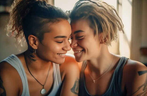 Lovely lesbian couple having a good time practicing mindfulness meditation and wellness at home