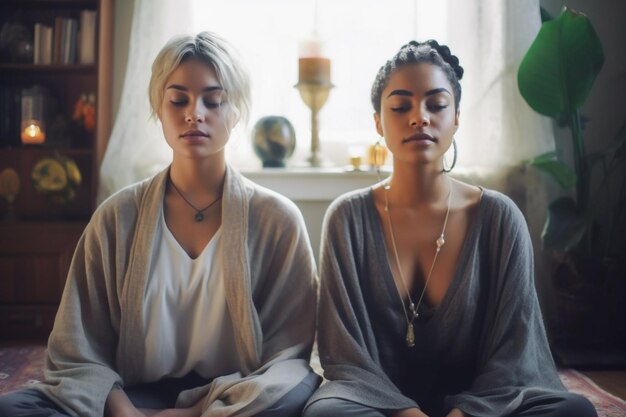 Lovely lesbian couple having a good time practicing mindfulness meditation and wellness at home