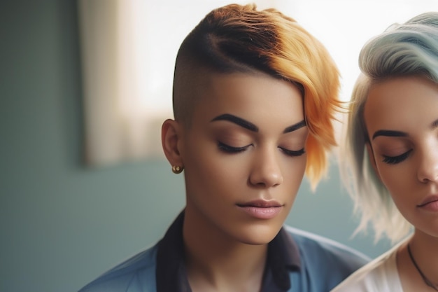 Lovely lesbian couple having a good time practicing mindfulness meditation and wellness at home