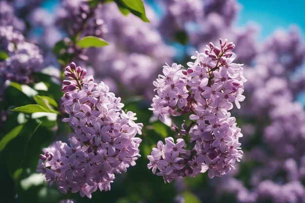 Lovely lilac flowers bells on background of blue sky outdoors in nature