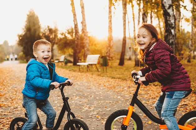 Incantevole fratellino e sorella che si divertono a ridere seduti faccia a faccia sulle loro biciclette nel parco contro il tramonto.