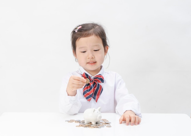 The lovely little girl has a piggy bank in her hand