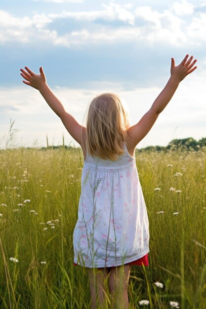 A lovely little girl standing in a field with her arms outstretched created with generative ai