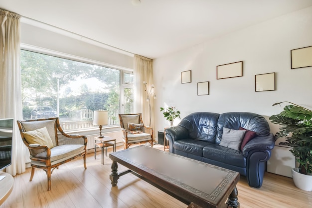 Lovely living room with a black soft sofa