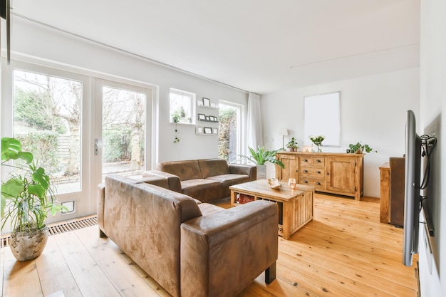 Lovely living room with leather sofa