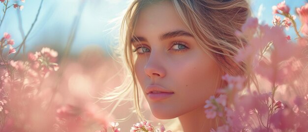 Lovely longhaired woman with pink flowers