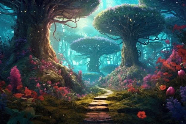 키가 큰 환상의 나무와 무성한 식물이 있는 사랑스러운 마법의 숲 디지털 페인팅 배경이 있는 아트워크...