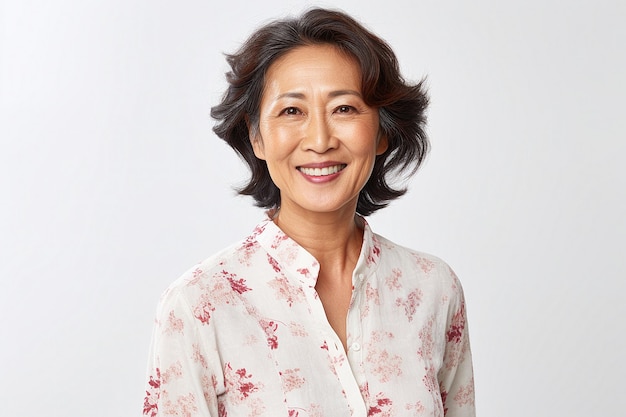 Прекрасная японская мать средних лет в мягкой блузке с цветочным принтом на белом фоне